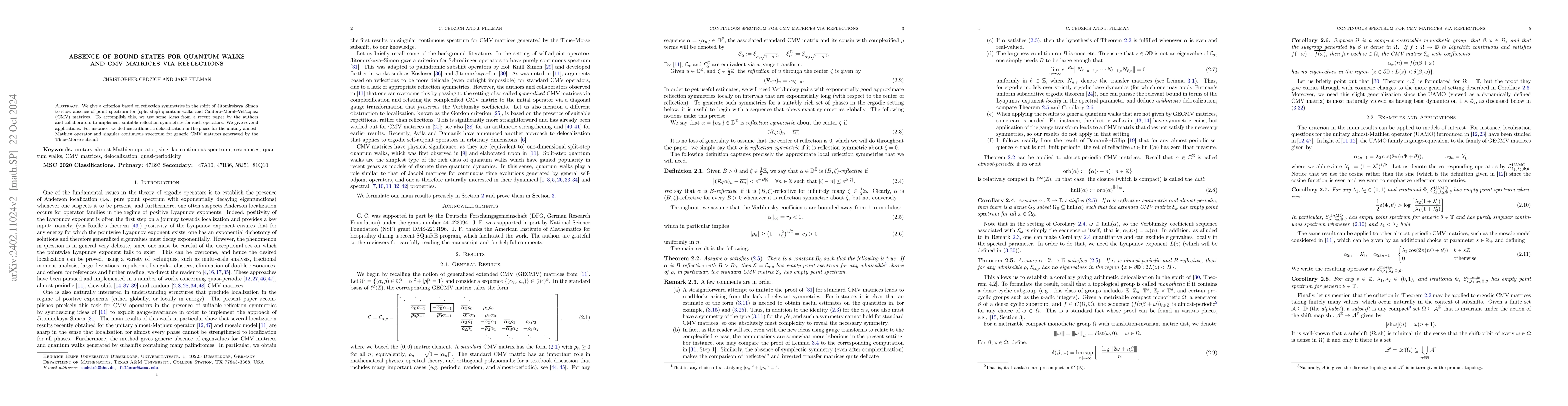 Thumbnail for Absence of Bound States for Quantum Walks and CMV Matrices via
  Reflections