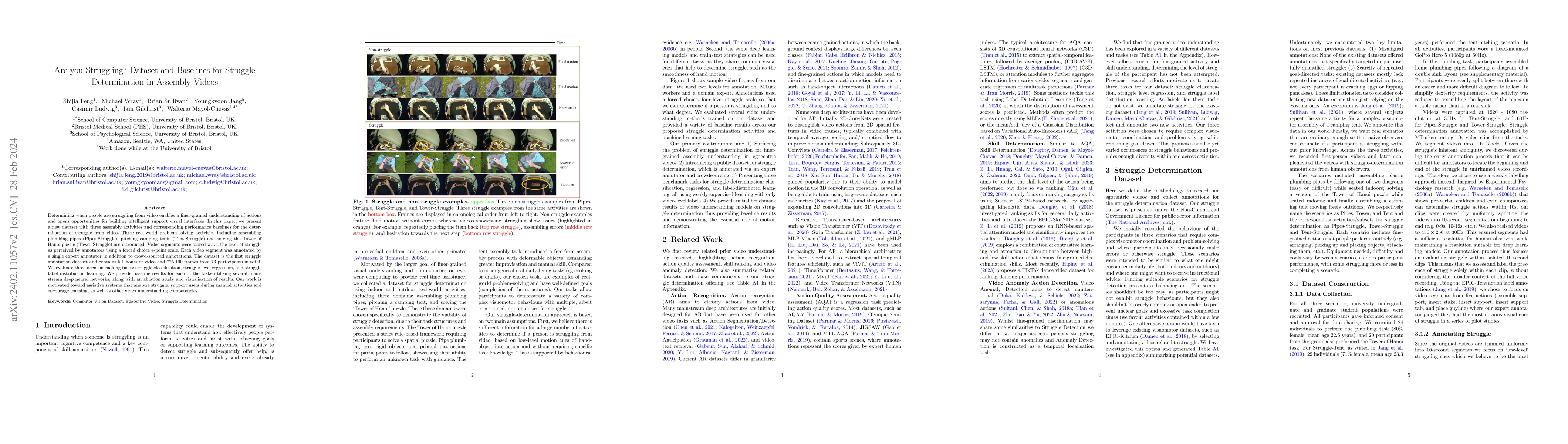 Thumbnail for Are you Struggling? Dataset and Baselines for Struggle Determination in
  Assembly Videos