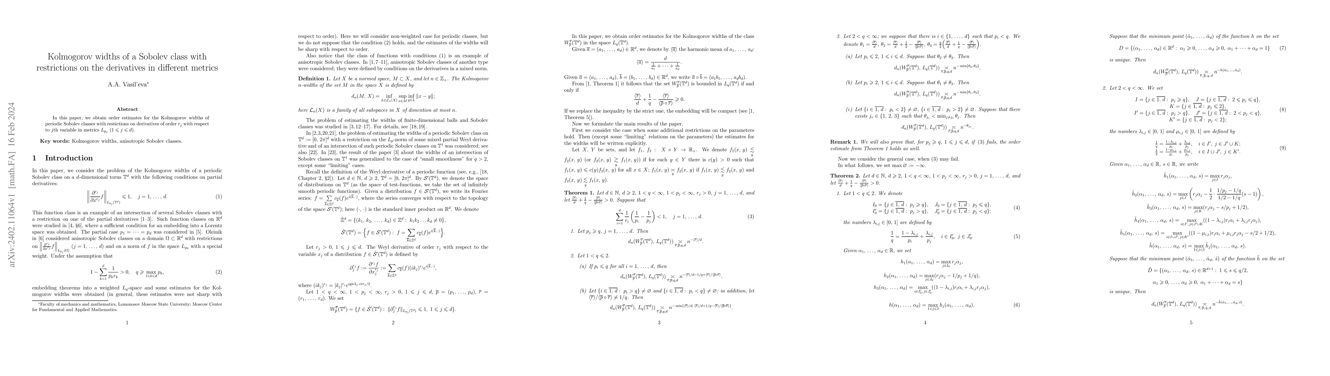 Thumbnail for Kolmogorov widths of a Sobolev class with restrictions on the
  derivatives in different metrics