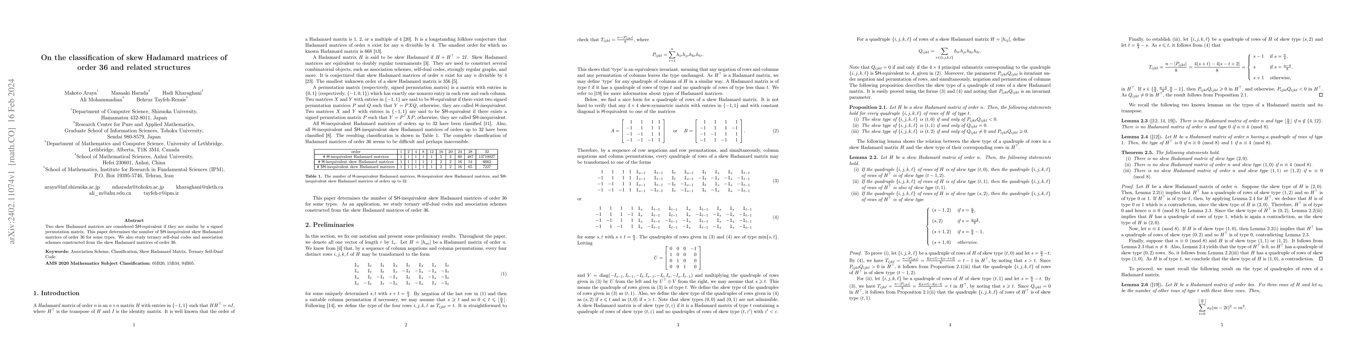 Thumbnail for On the classification of skew Hadamard matrices of order 36 and related
  structures