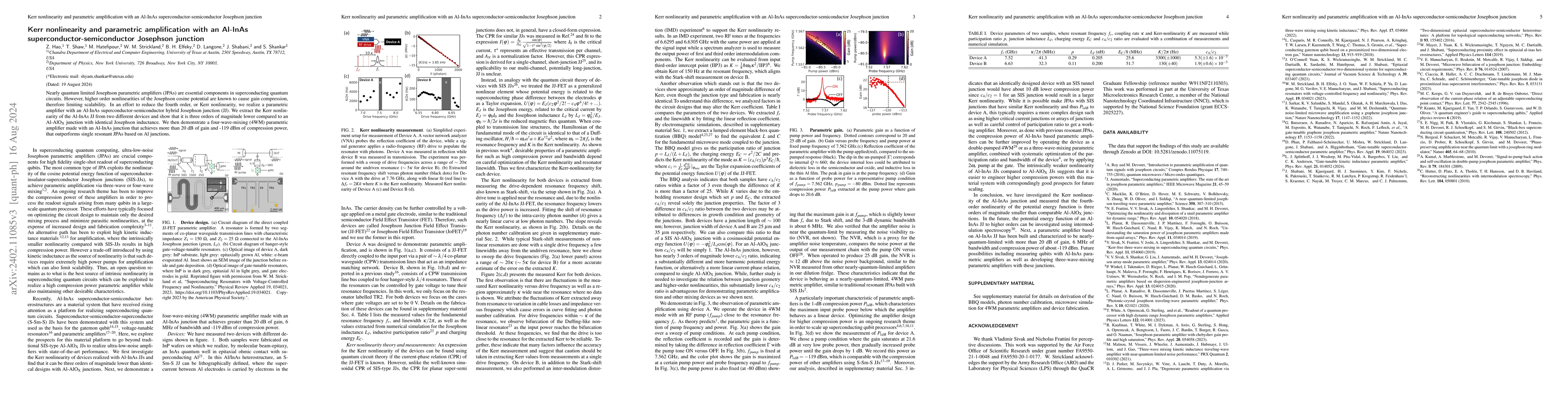Thumbnail for Kerr nonlinearity and parametric amplification with an Al-InAs
  superconductor-semiconductor Josephson junction