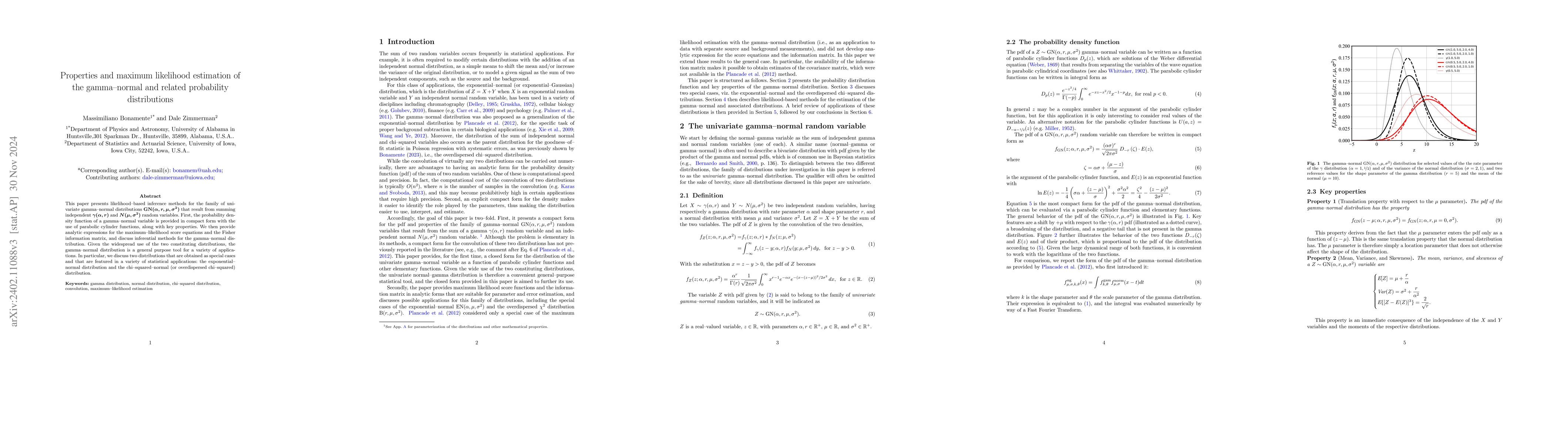Thumbnail for Properties and maximum likelihood estimation of the gamma-normal and
  related probability distributions