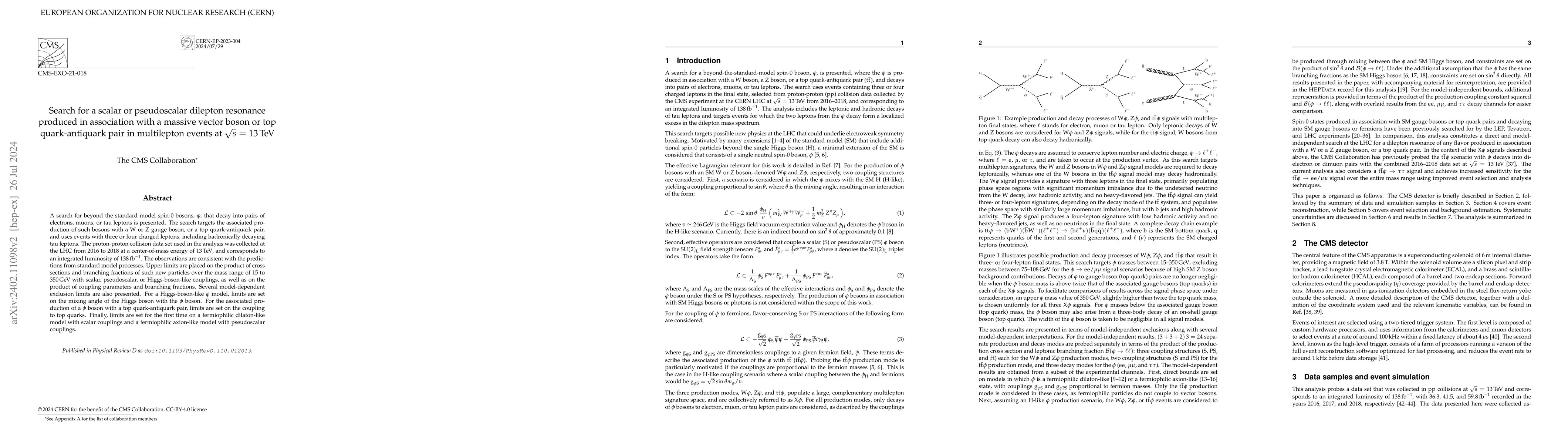 Thumbnail for Search for a scalar or pseudoscalar dilepton resonance produced in
  association with a massive vector boson or top quark-antiquark pair in
  multilepton events at $\sqrt{s}$ = 13 TeV