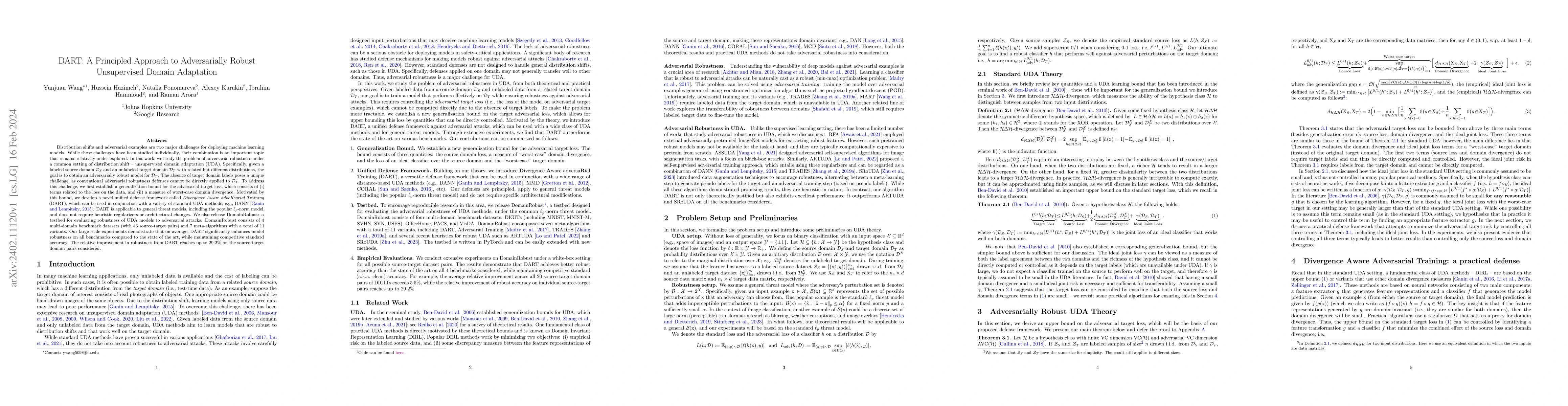 Thumbnail for DART: A Principled Approach to Adversarially Robust Unsupervised Domain
  Adaptation