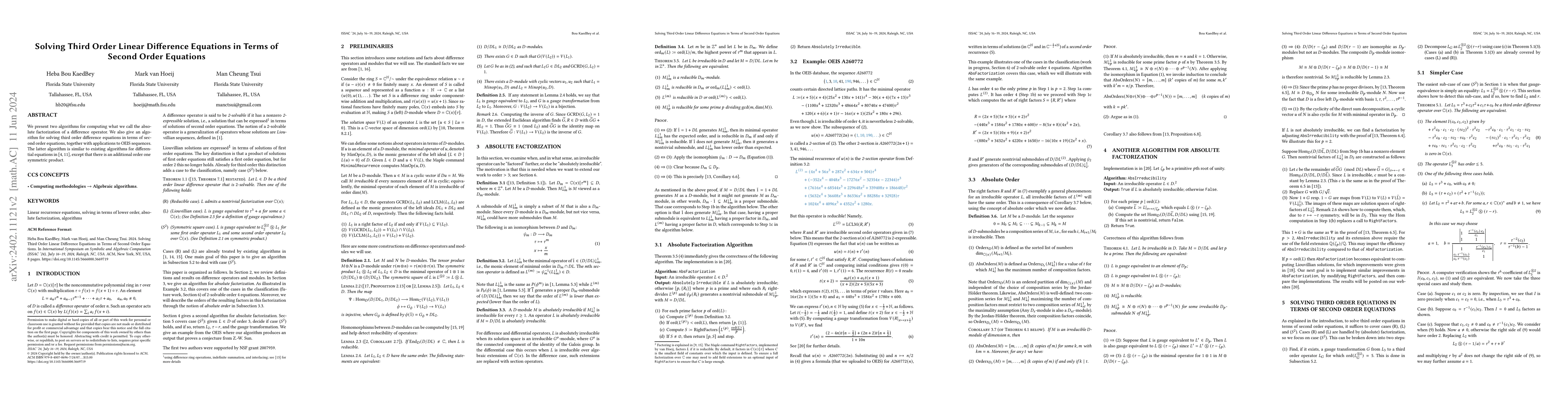 Thumbnail for Solving Third Order Linear Difference Equations in Terms of Second Order
  Equations