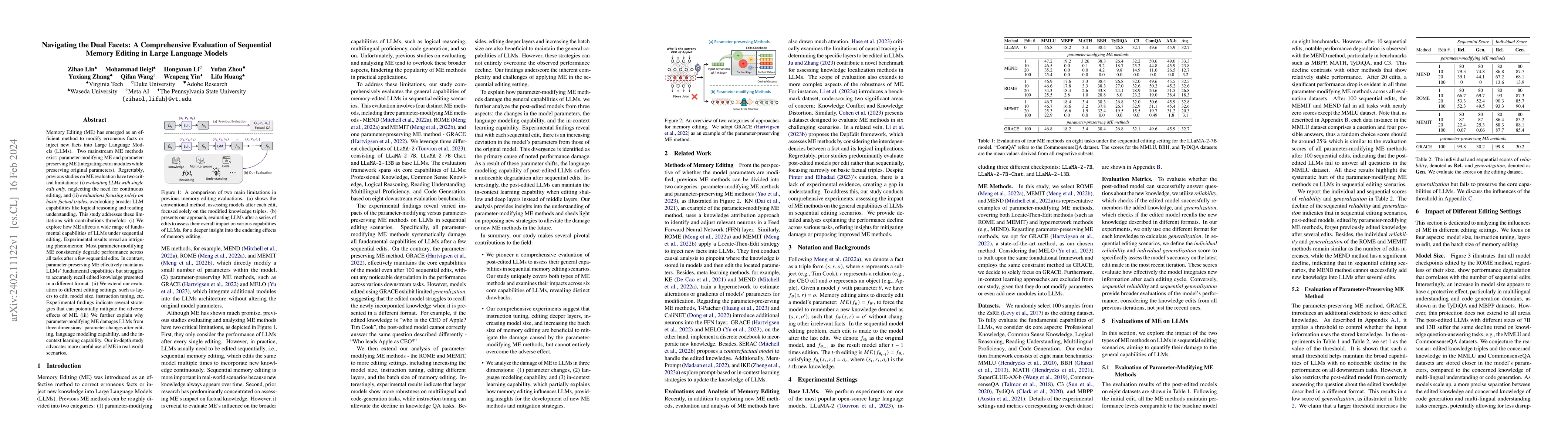 Thumbnail for Navigating the Dual Facets: A Comprehensive Evaluation of Sequential
  Memory Editing in Large Language Models