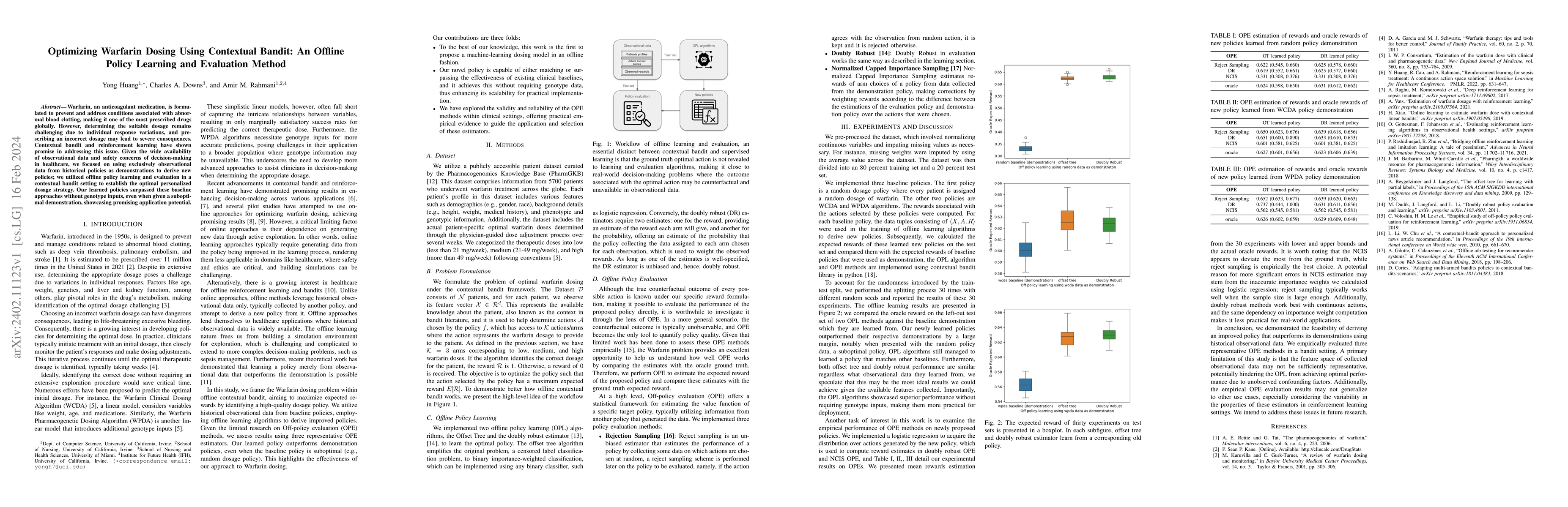 Thumbnail for Optimizing Warfarin Dosing Using Contextual Bandit: An Offline Policy
  Learning and Evaluation Method