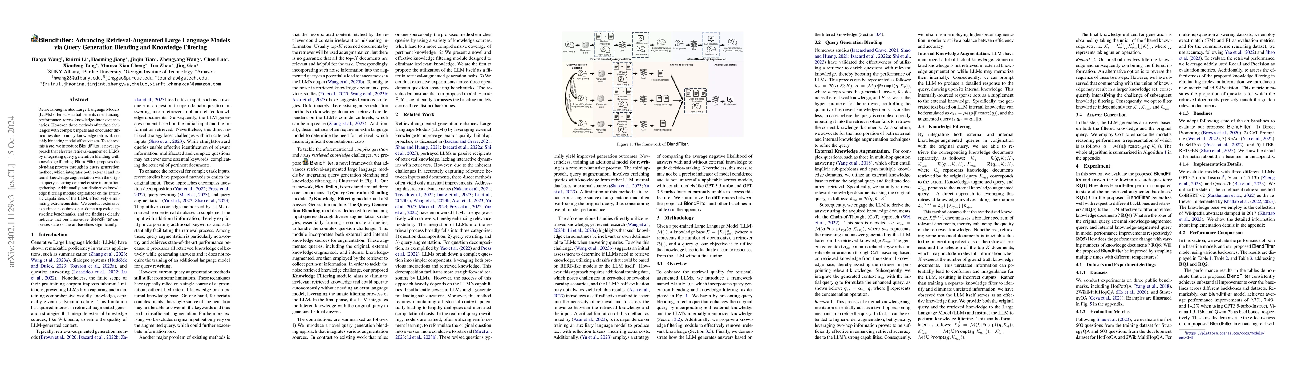 Thumbnail for BlendFilter: Advancing Retrieval-Augmented Large Language Models via
  Query Generation Blending and Knowledge Filtering