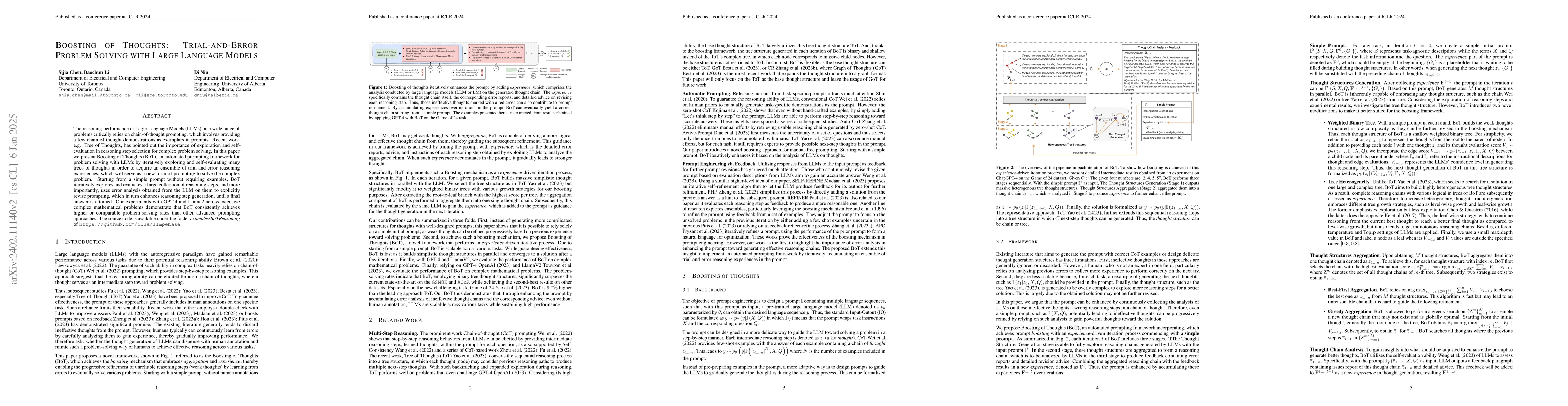 Thumbnail for Boosting of Thoughts: Trial-and-Error Problem Solving with Large
  Language Models