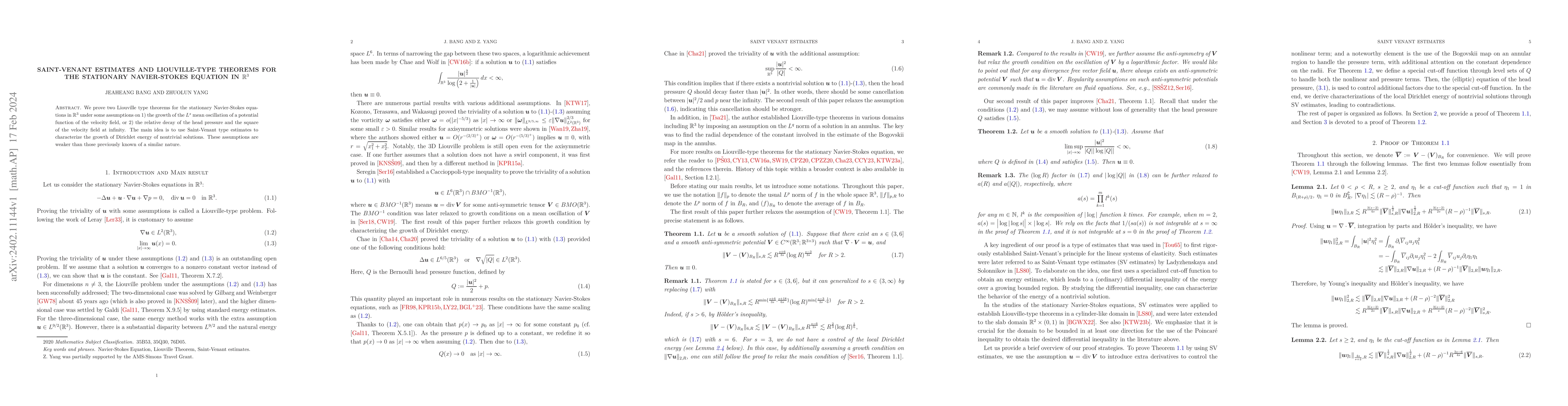 Thumbnail for Saint-Venant Estimates and Liouville-Type Theorems for the Stationary
  Navier-Stokes Equation in $\mathbb{R}^3$