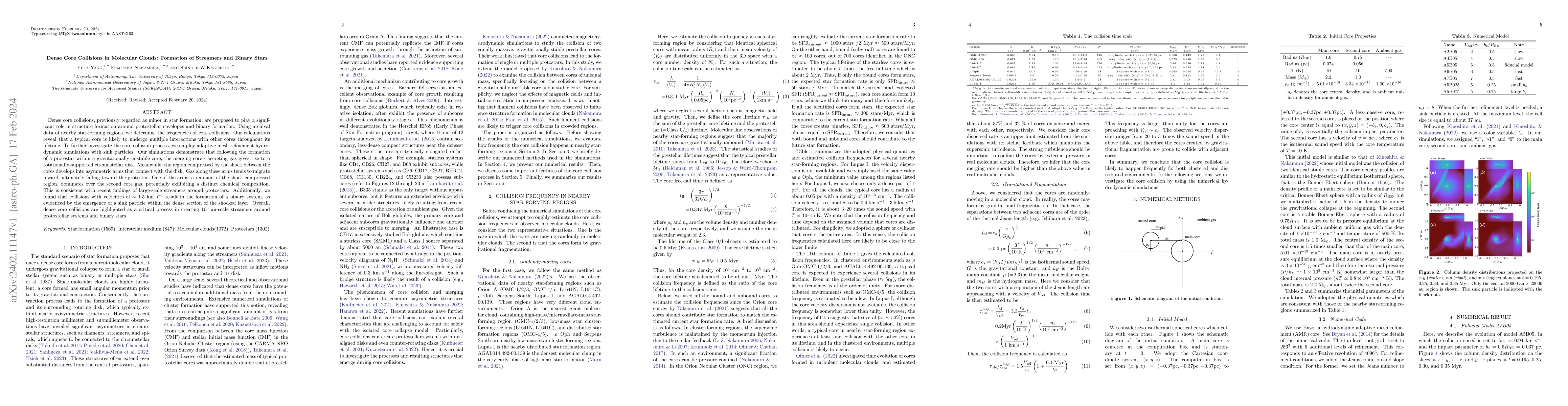 Thumbnail for Dense Core Collisions in Molecular Clouds: Formation of Streamers and
  Binary Stars