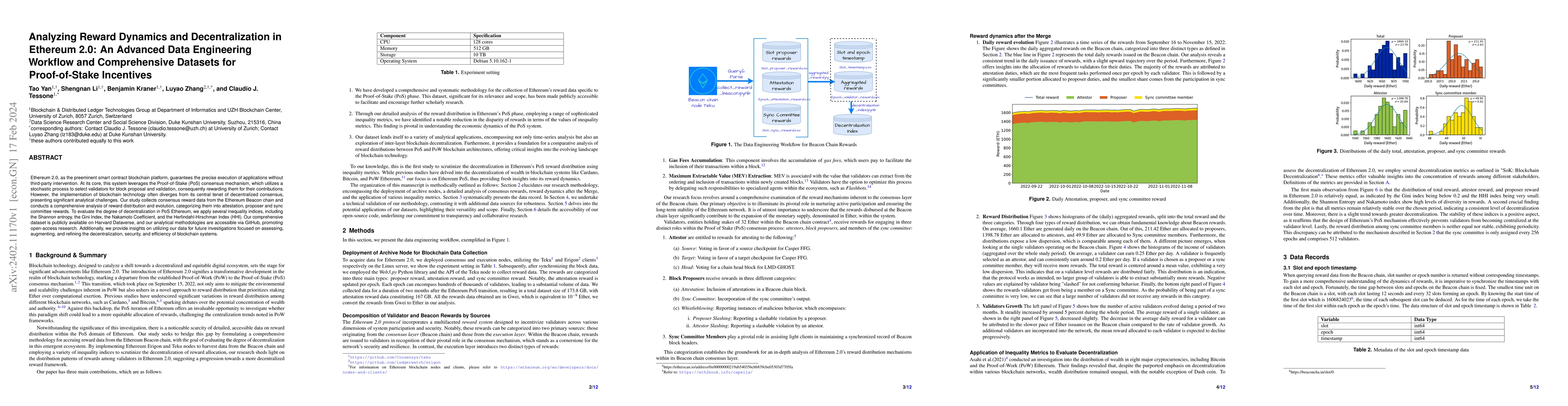 Thumbnail for Analyzing Reward Dynamics and Decentralization in Ethereum 2.0: An
  Advanced Data Engineering Workflow and Comprehensive Datasets for
  Proof-of-Stake Incentives