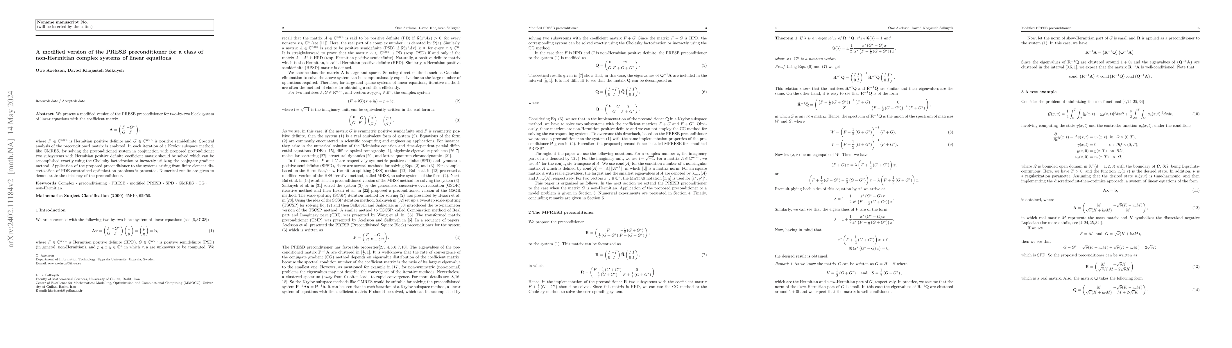 Thumbnail for A modified version of the PRESB preconditioner for a class of
  non-Hermitian complex systems of linear equations