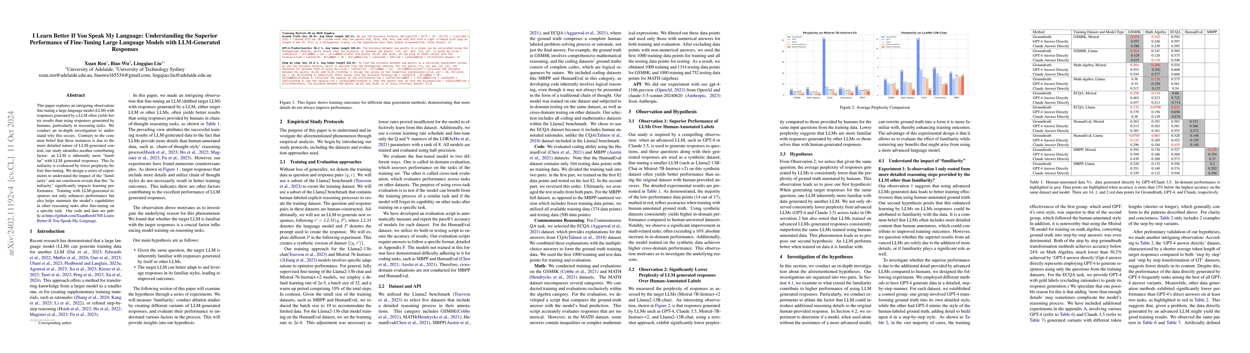 Thumbnail for I Learn Better If You Speak My Language: Understanding the Superior
  Performance of Fine-Tuning Large Language Models with LLM-Generated Responses