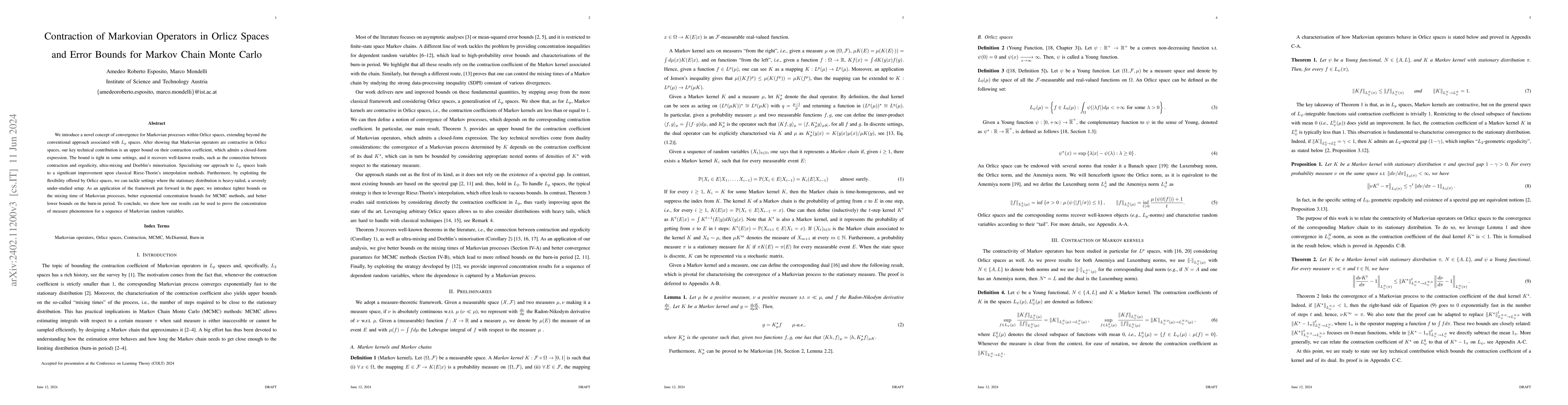 Thumbnail for Contraction of Markovian Operators in Orlicz Spaces and Error Bounds for
  Markov Chain Monte Carlo