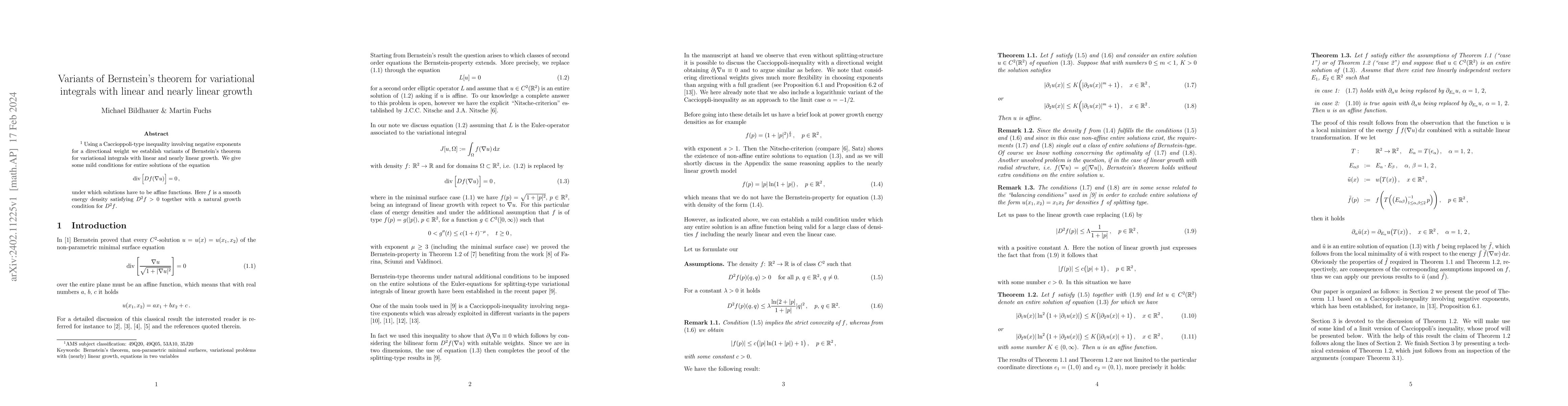 Thumbnail for Variants of Bernstein's theorem for variational integrals with linear
  and nearly linear growth