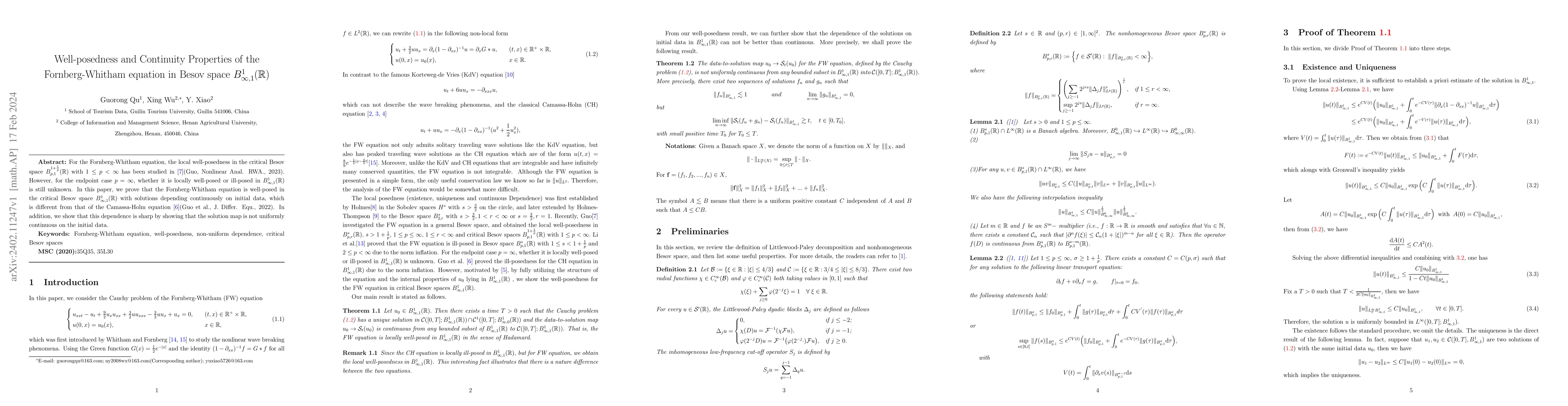 Thumbnail for Well-posedness and Continuity Properties of the Fornberg_Whitham
  equation in Besov space $B^1_{\infty,1}(\R)$