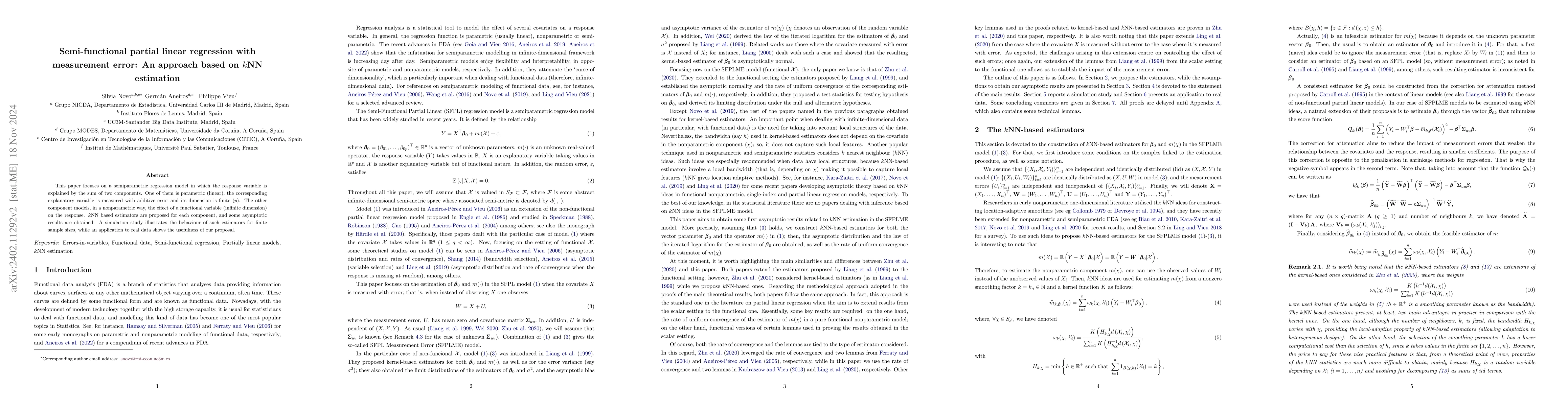 Thumbnail for Semi-functional partial linear regression with measurement error: An
  approach based on $k$NN estimation