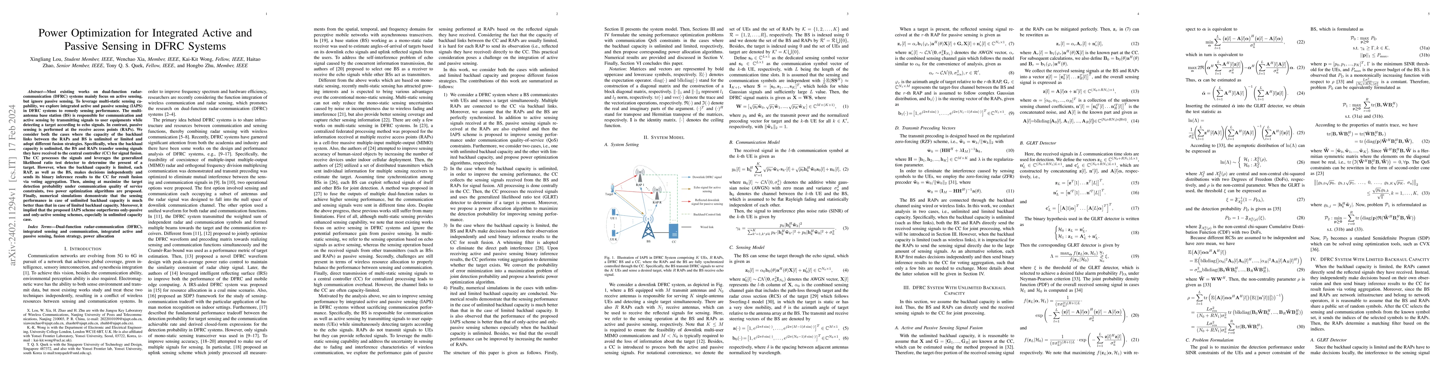 Thumbnail for Power Optimization for Integrated Active and Passive Sensing in DFRC
  Systems