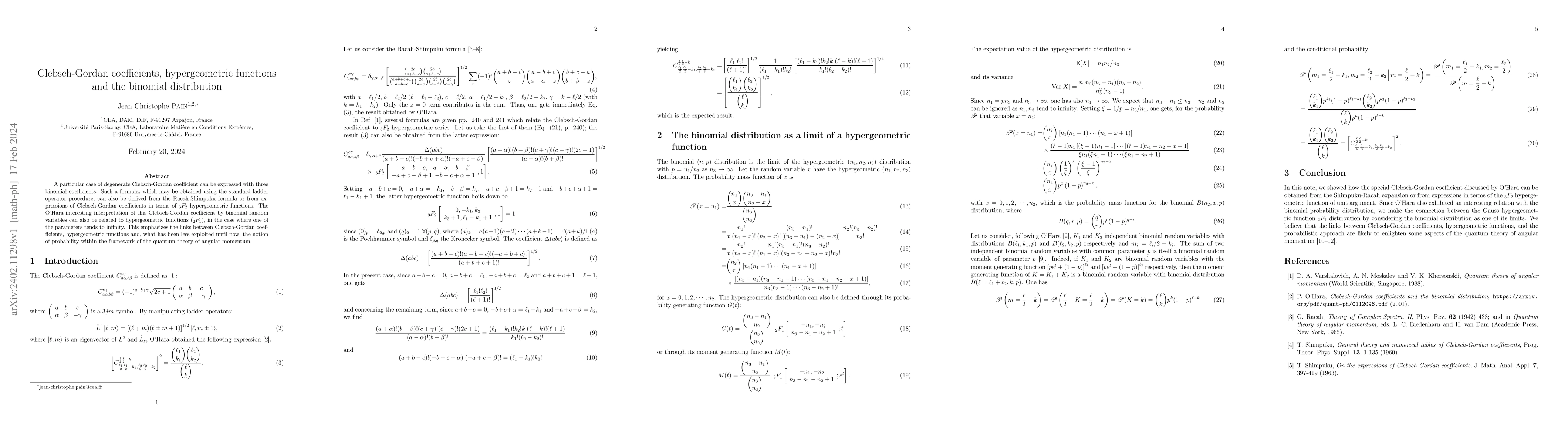 Thumbnail for Clebsch-Gordan coefficients, hypergeometric functions and the binomial
  distribution