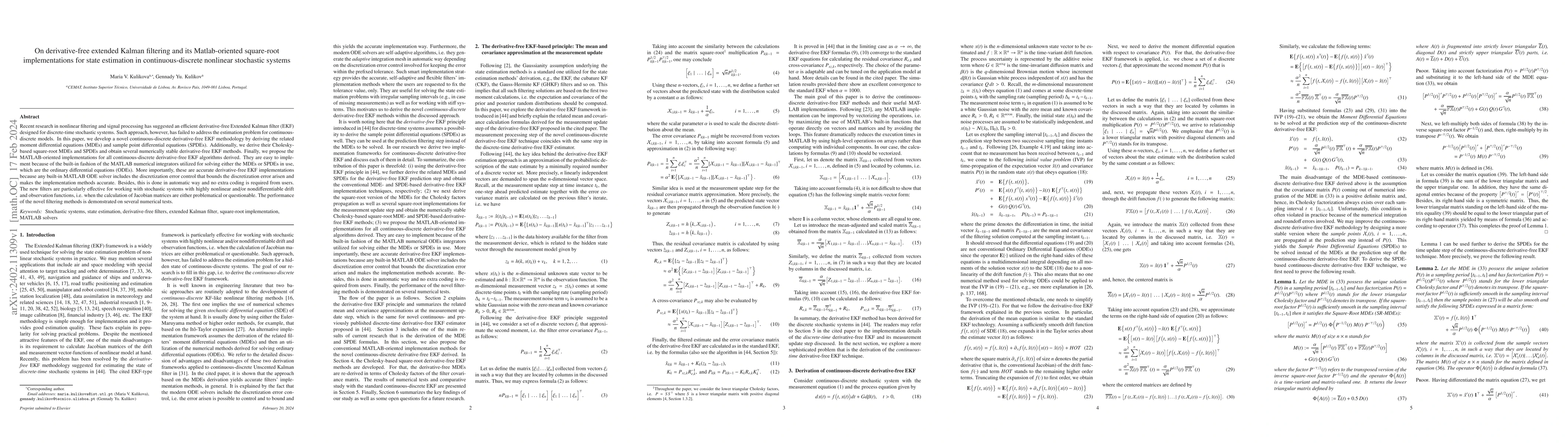 Thumbnail for On derivative-free extended Kalman filtering and its Matlab-oriented
  square-root implementations for state estimation in continuous-discrete
  nonlinear stochastic systems