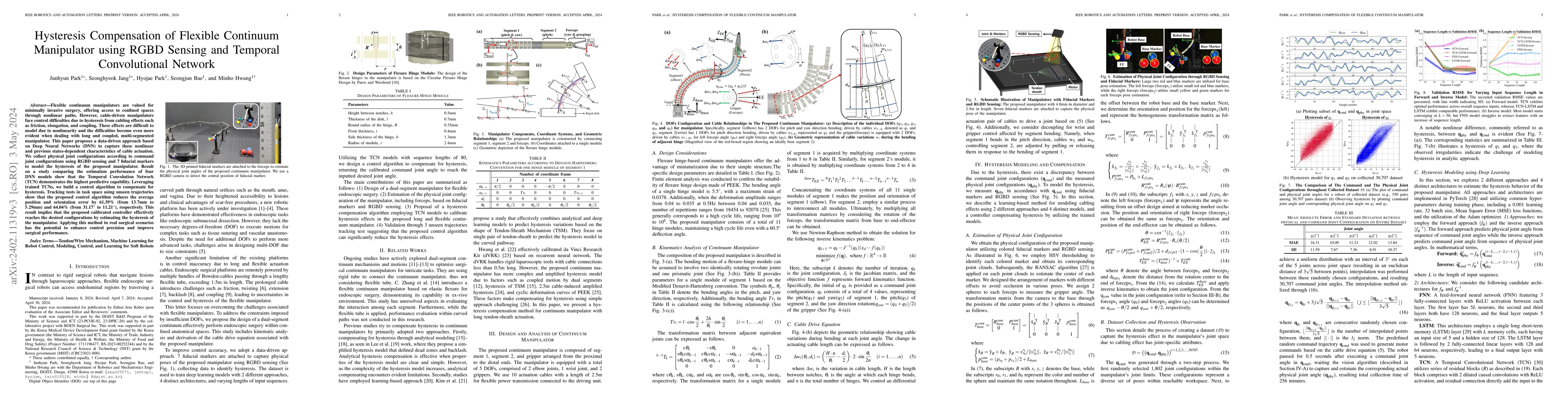 Thumbnail for Hysteresis Compensation of Flexible Continuum Manipulator using RGBD
  Sensing and Temporal Convolutional Network