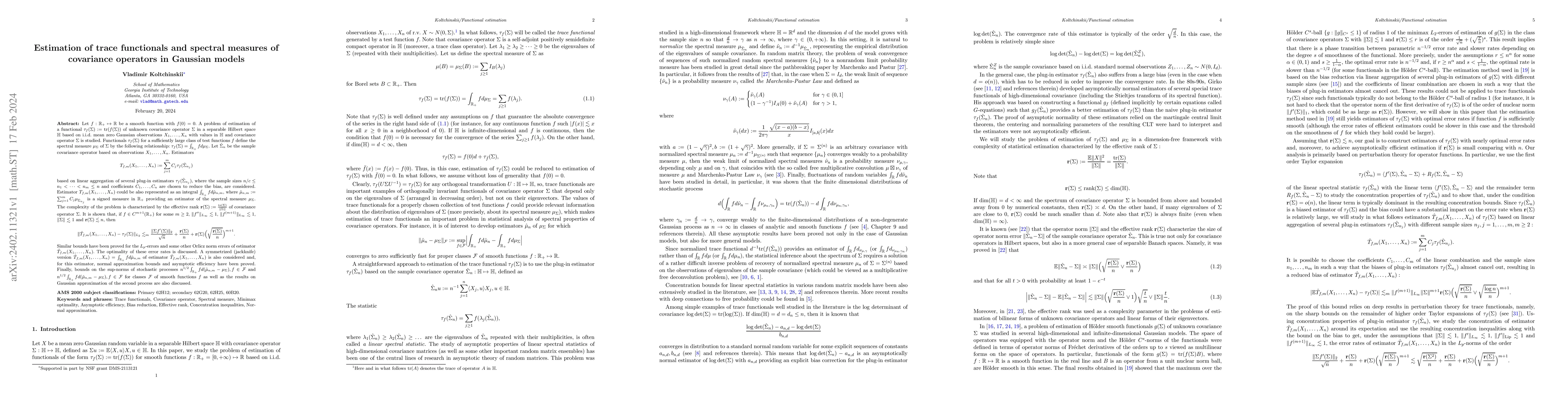 Thumbnail for Estimation of trace functionals and spectral measures of covariance
  operators in Gaussian models