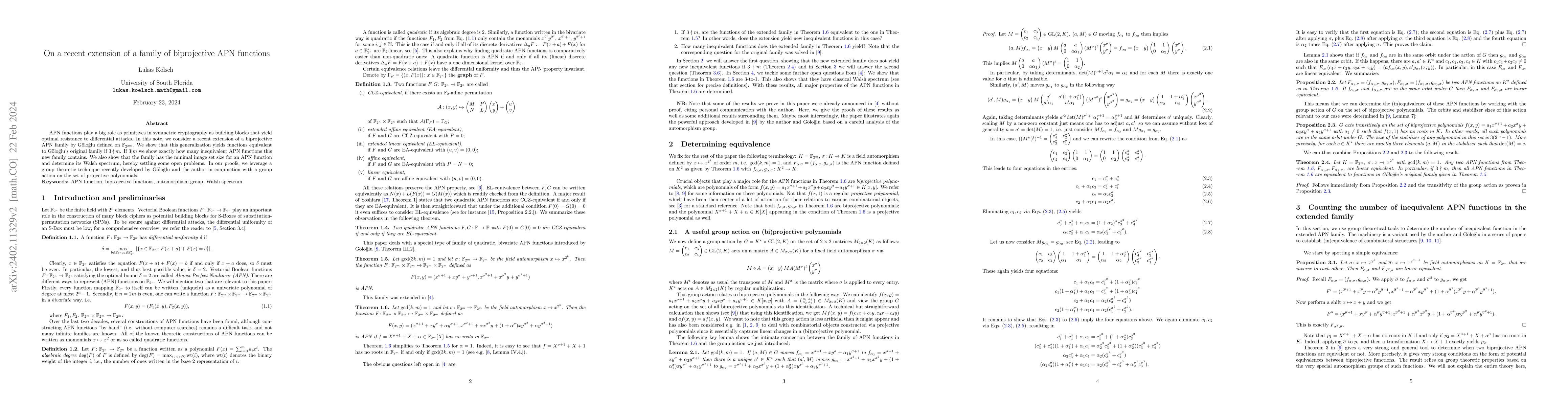 Thumbnail for On a recent extension of a family of biprojective APN functions