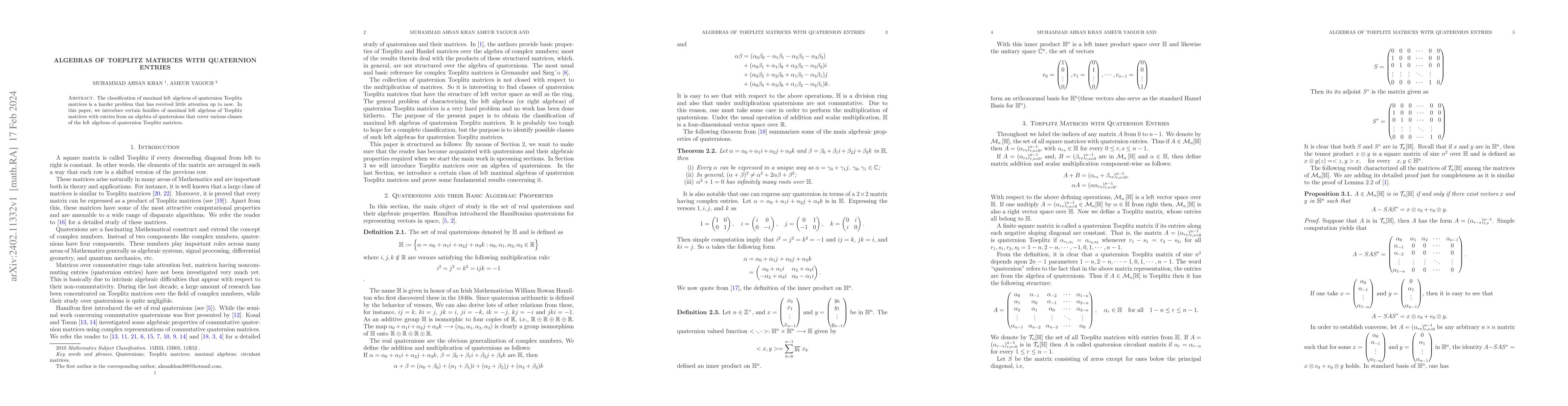 Thumbnail for Algebras of Toeplitz Matrices with Quaternion Entries
