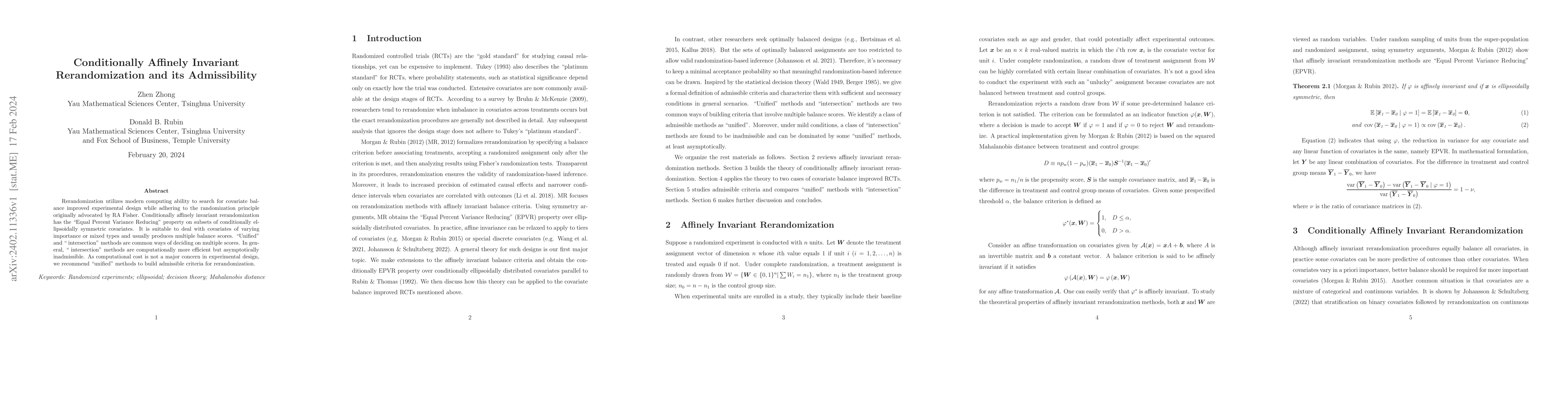 Thumbnail for Conditionally Affinely Invariant Rerandomization and its Admissibility