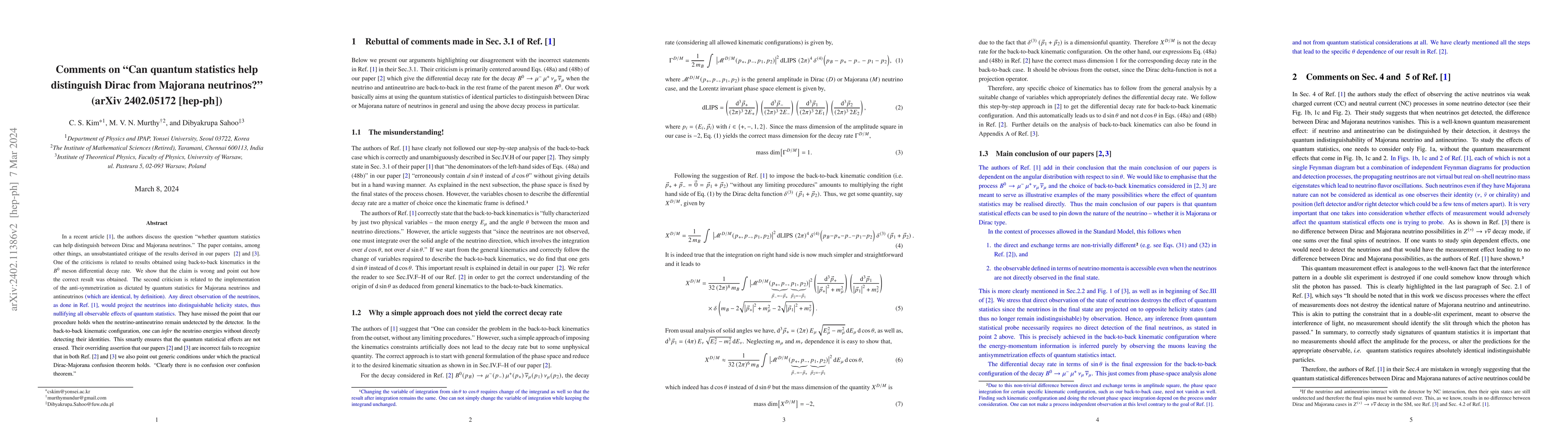 Thumbnail for Comments on "Can quantum statistics help distinguish Dirac from Majorana
  neutrinos?" (arXiv:2402.05172 [hep-ph])