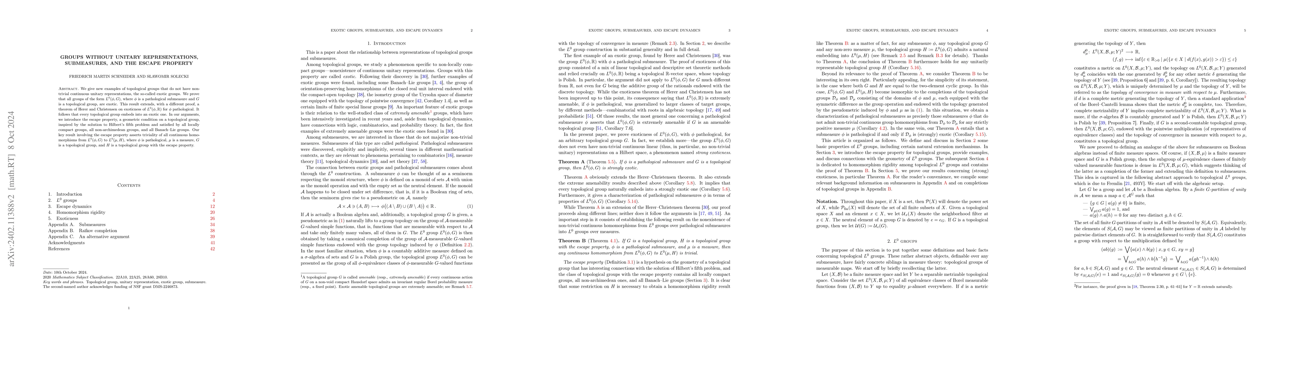 Thumbnail for Groups without unitary representations, submeasures, and the escape
  property