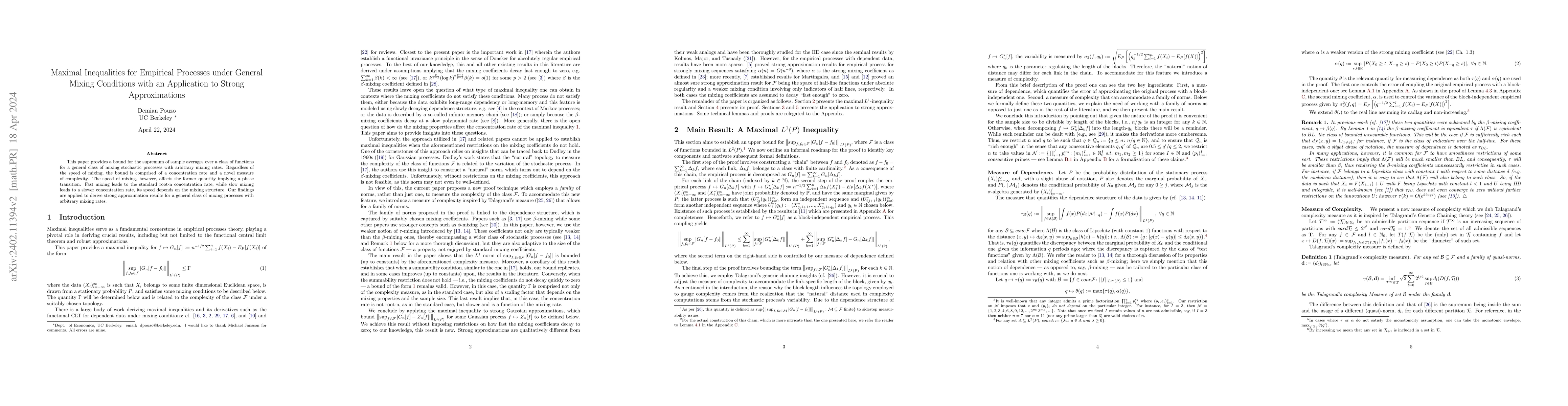 Thumbnail for Maximal Inequalities for Empirical Processes under General Mixing
  Conditions with an Application to Strong Approximations