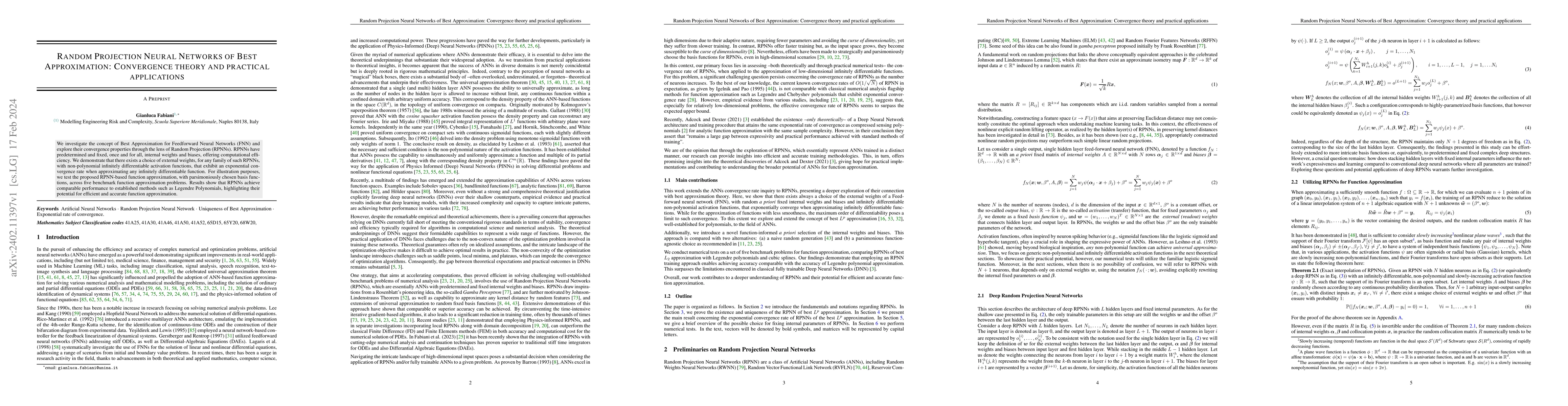 Thumbnail for Random Projection Neural Networks of Best Approximation: Convergence
  theory and practical applications