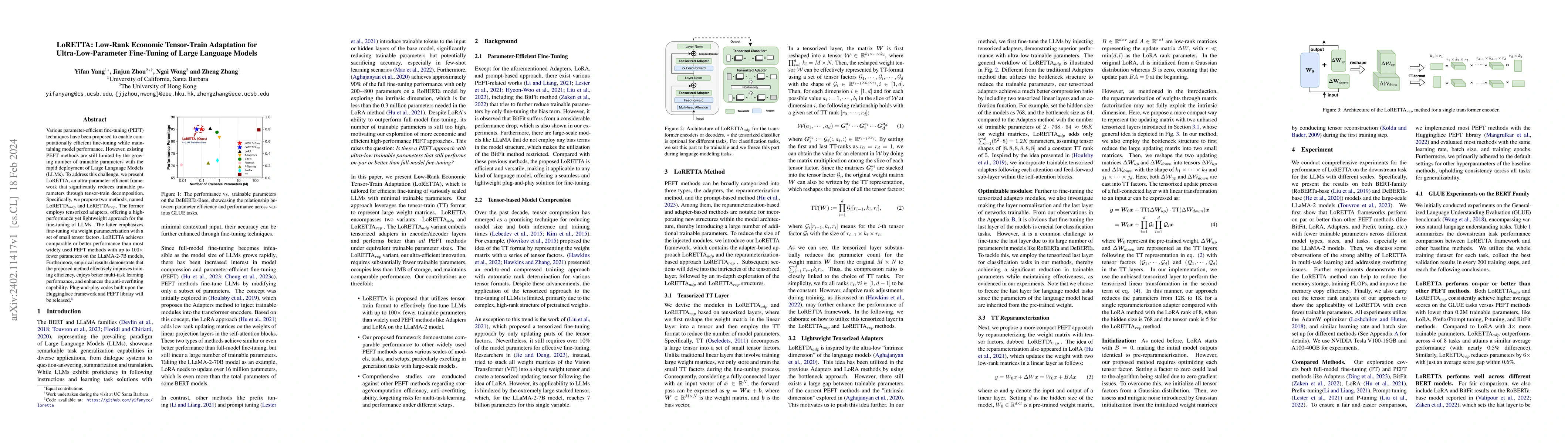 Thumbnail for LoRETTA: Low-Rank Economic Tensor-Train Adaptation for
  Ultra-Low-Parameter Fine-Tuning of Large Language Models