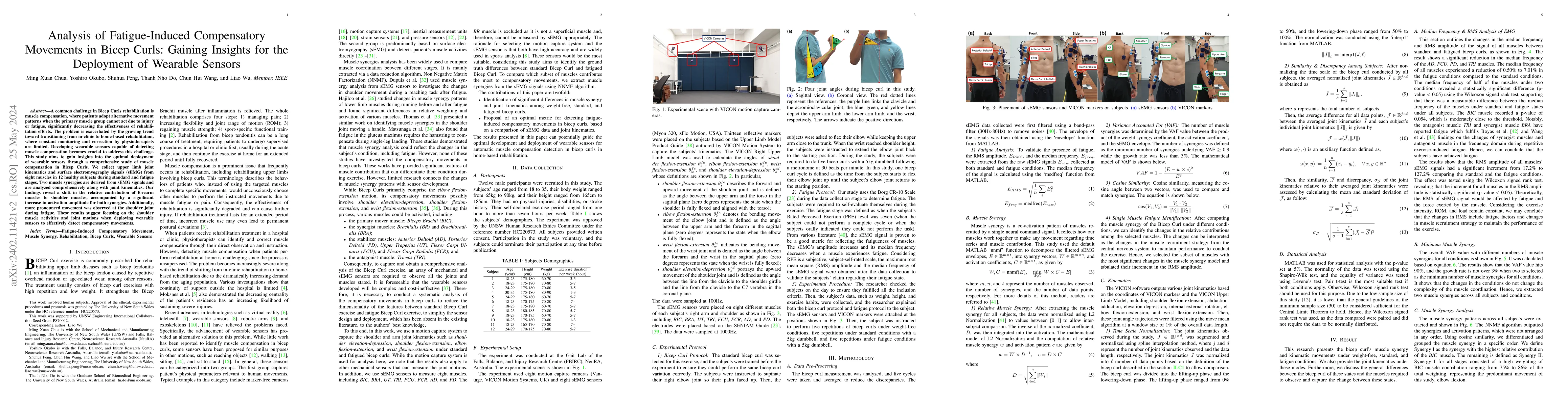 Thumbnail for Analysis of Fatigue-Induced Compensatory Movements in Bicep Curls:
  Gaining Insights for the Deployment of Wearable Sensors