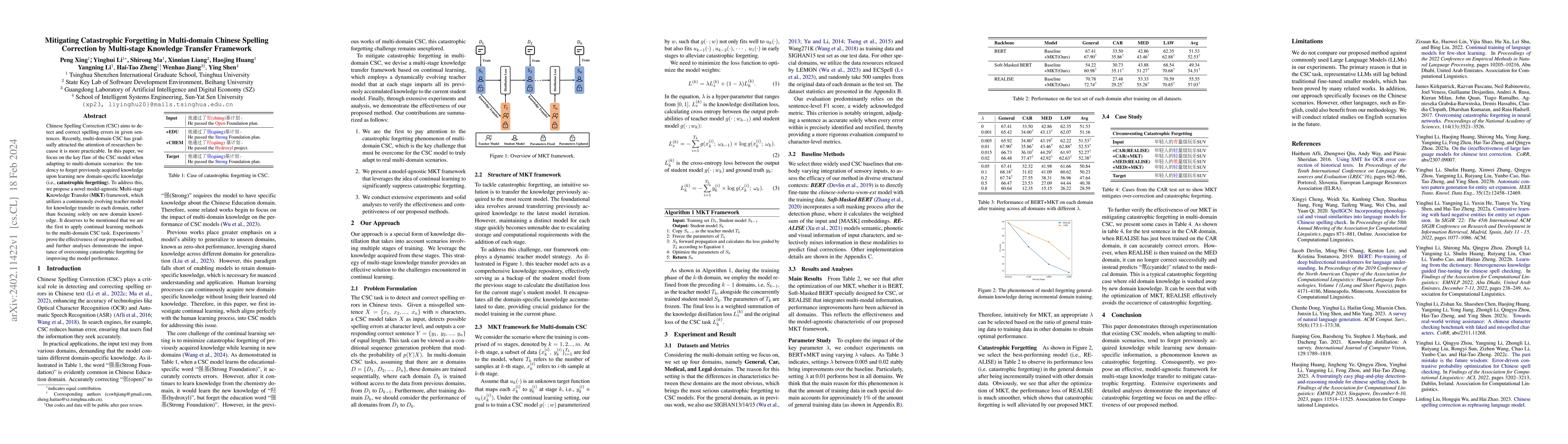Thumbnail for Mitigating Catastrophic Forgetting in Multi-domain Chinese Spelling
  Correction by Multi-stage Knowledge Transfer Framework