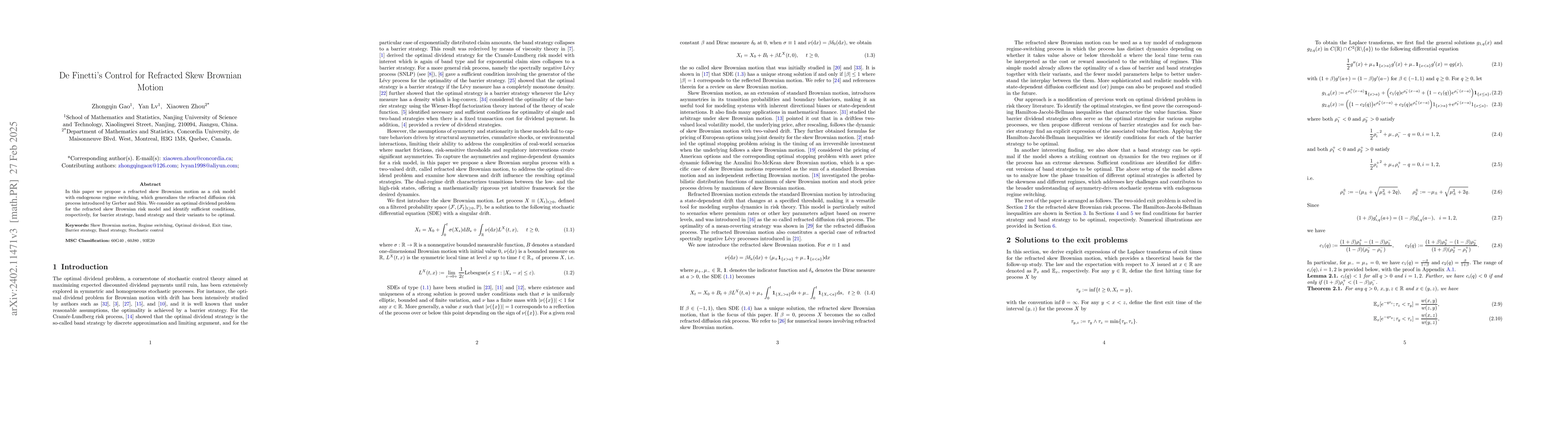 Thumbnail for An Optimal Dividend Problem for Skew Brownian Motion with Two-Valued
  Drift