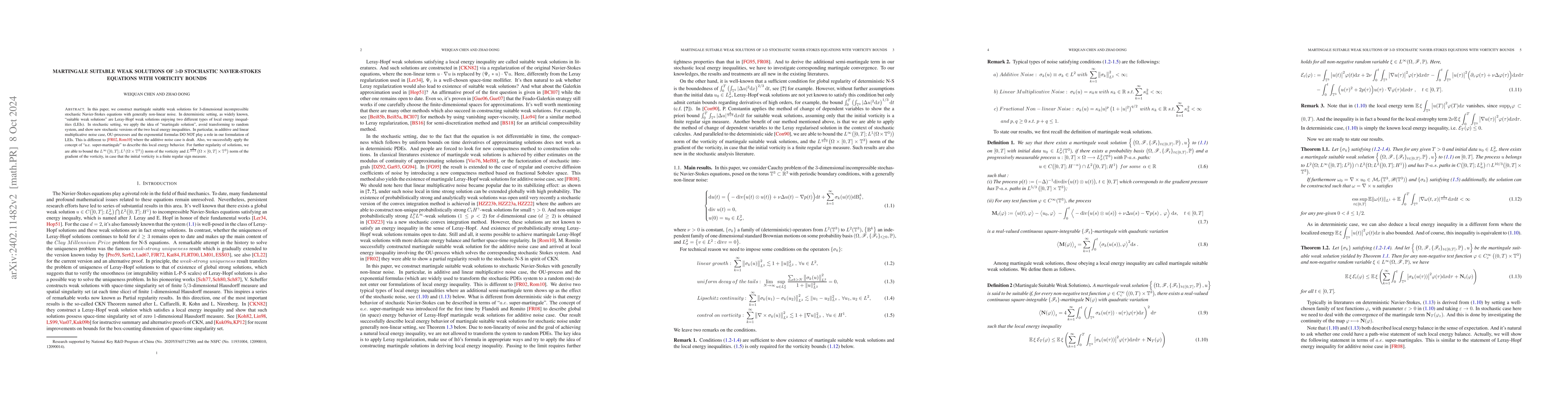 Thumbnail for Martingale Suitable Weak Solutions of $3$-D Stochastic Navier-Stokes
  Equations with Vorticity Bounds