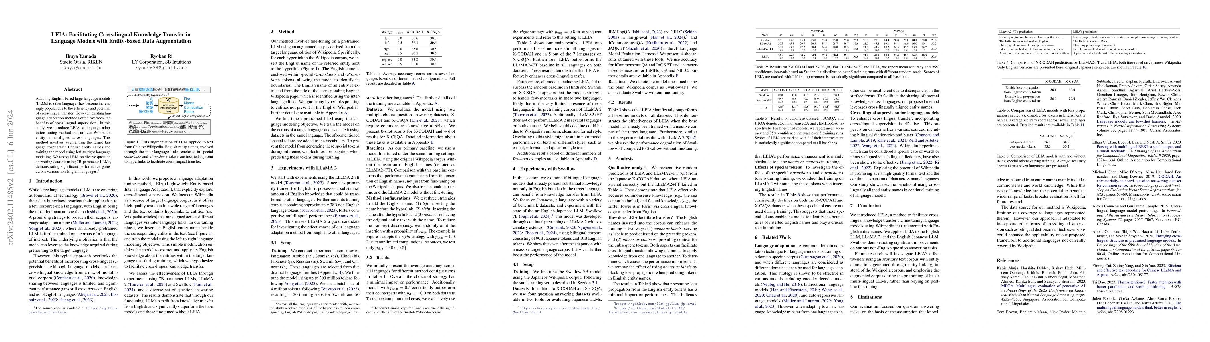 Thumbnail for LEIA: Facilitating Cross-lingual Knowledge Transfer in Language Models
  with Entity-based Data Augmentation