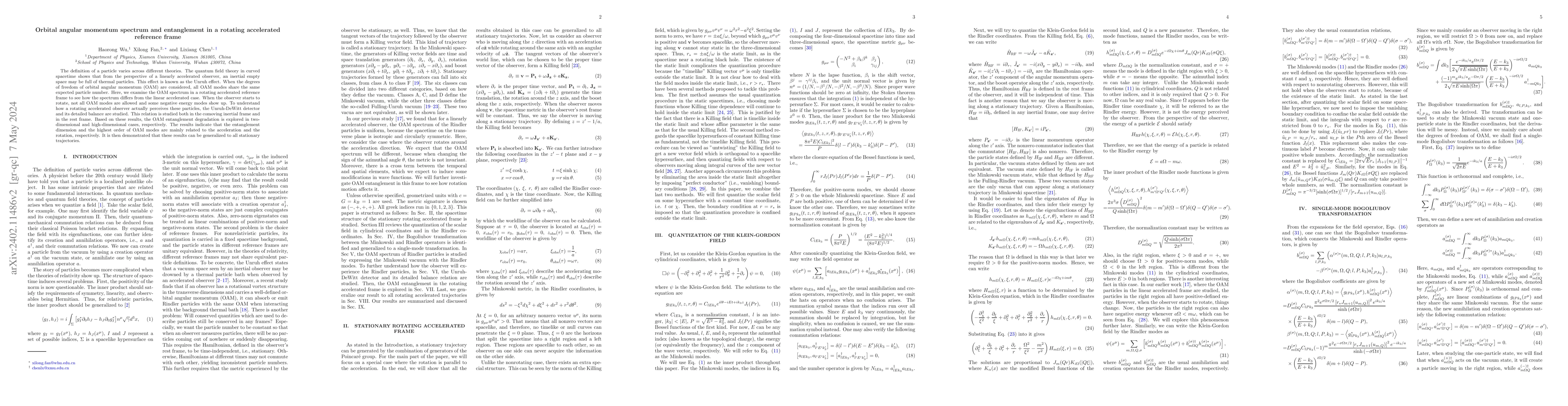 Thumbnail for Orbital angular momentum spectrum and entanglement in a rotating
  accelerated reference frame