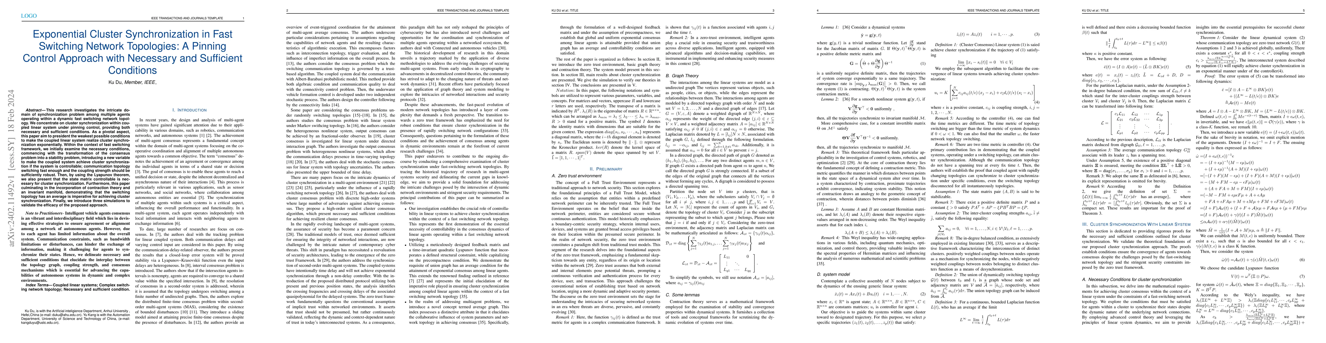 Thumbnail for Exponential Cluster Synchronization in Fast Switching Network
  Topologies: A Pinning Control Approach with Necessary and Sufficient
  Conditions