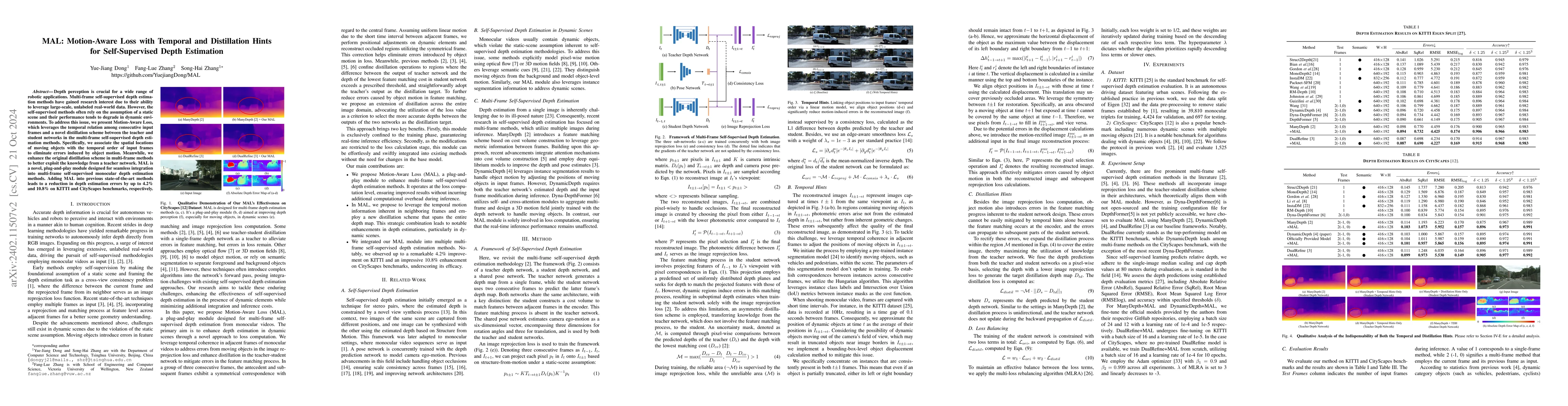 Thumbnail for MAL: Motion-Aware Loss with Temporal and Distillation Hints for
  Self-Supervised Depth Estimation