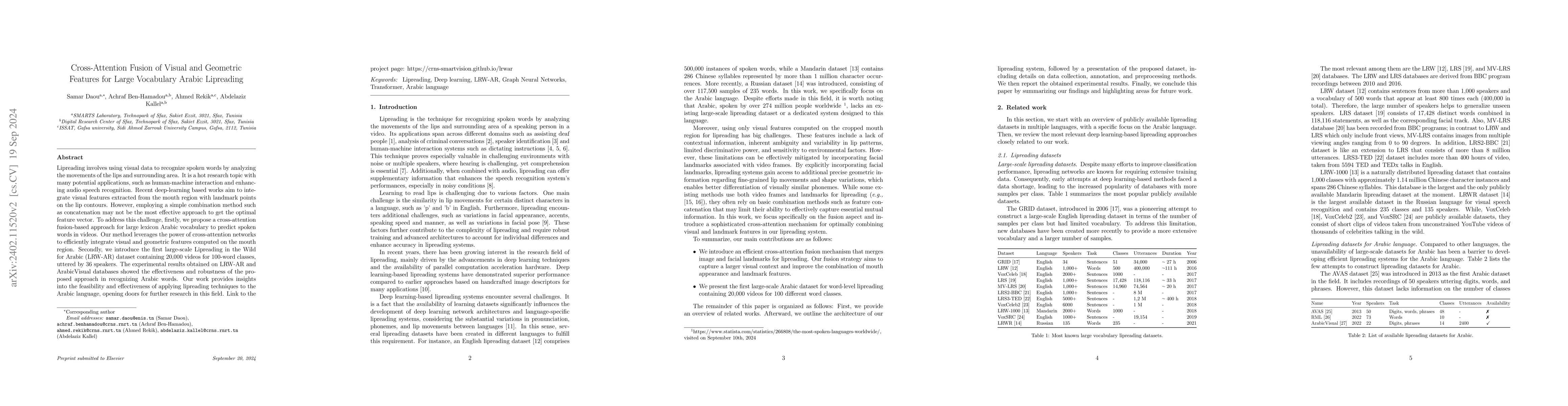 Thumbnail for Cross-Attention Fusion of Visual and Geometric Features for Large
  Vocabulary Arabic Lipreading