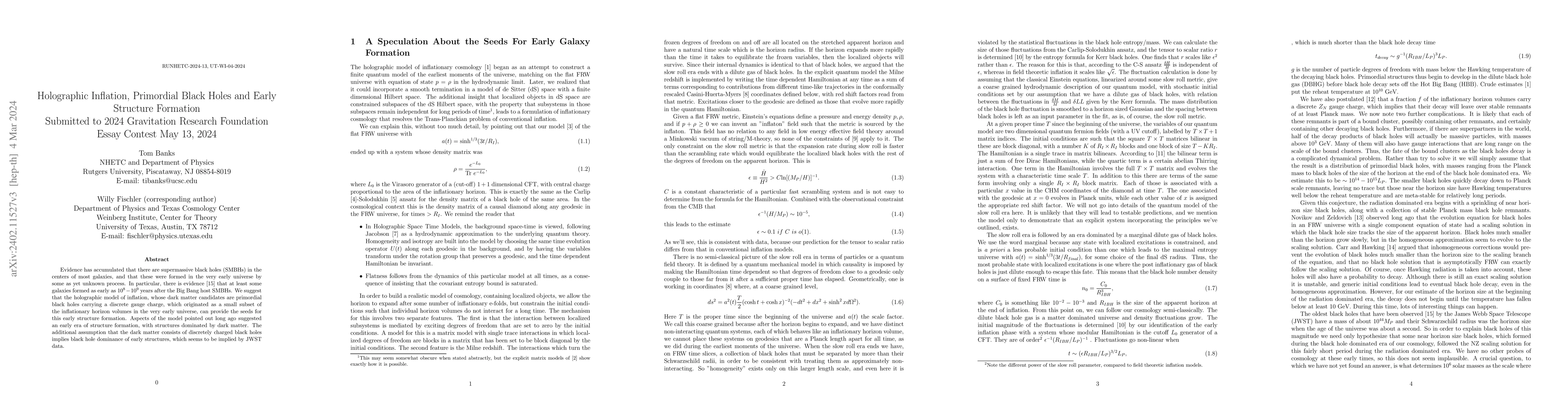 Thumbnail for Holographic Inflation, Primordial Black Holes and Early Structure
  Formation