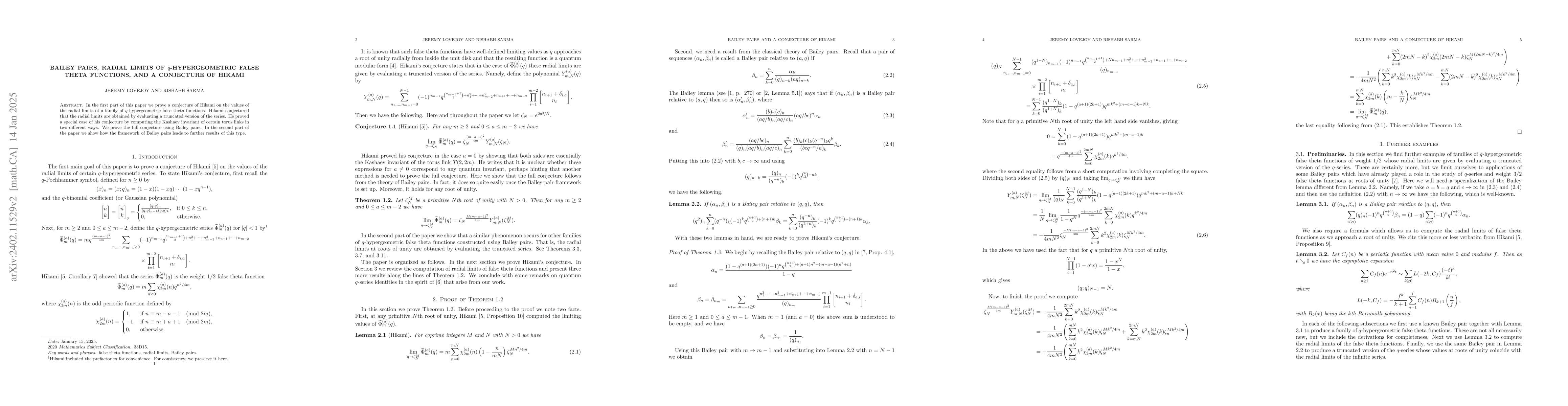 Thumbnail for Bailey pairs, radial limits of $q$-hypergeometric false theta functions,
  and a conjecture of Hikami