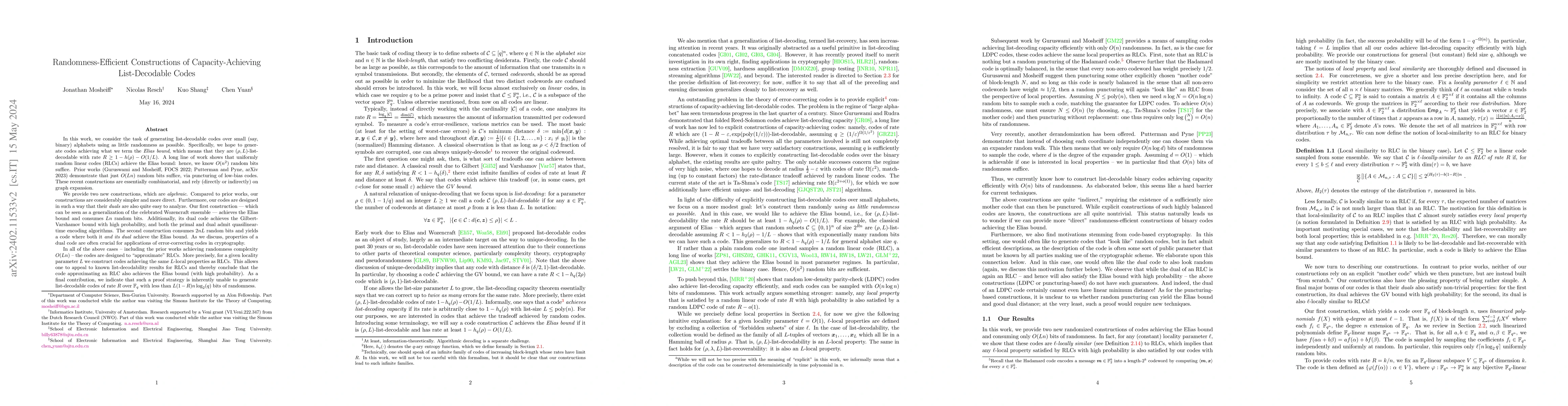 Thumbnail for Randomness-Efficient Constructions of Capacity-Achieving List-Decodable
  Codes