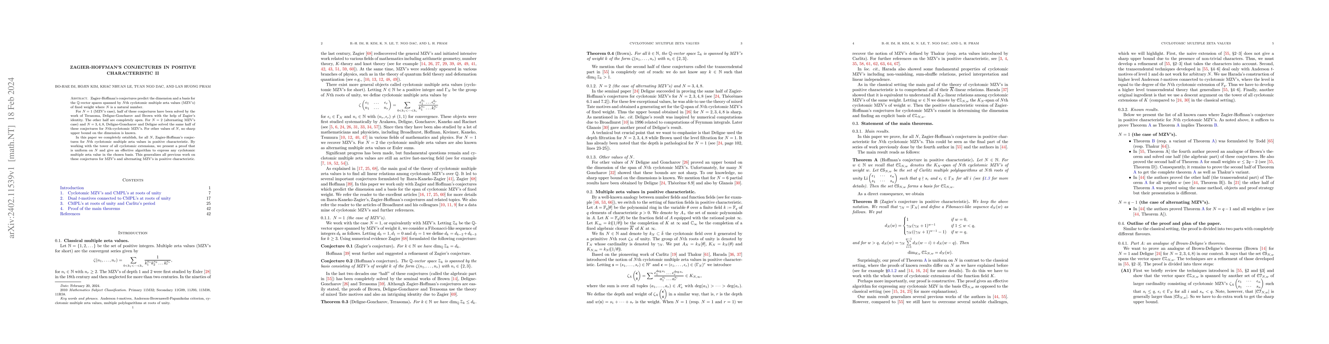 Thumbnail for Zagier-Hoffman's conjectures in positive characteristic II