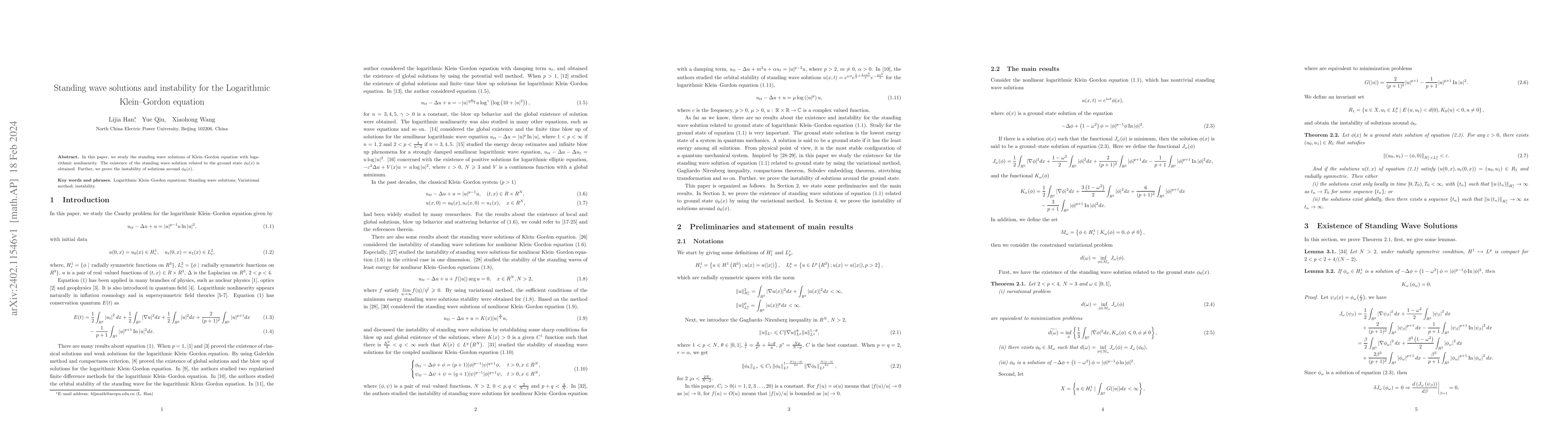 Thumbnail for Standing wave solutions and instability for the Logarithmic Klein-Gordon
  equation