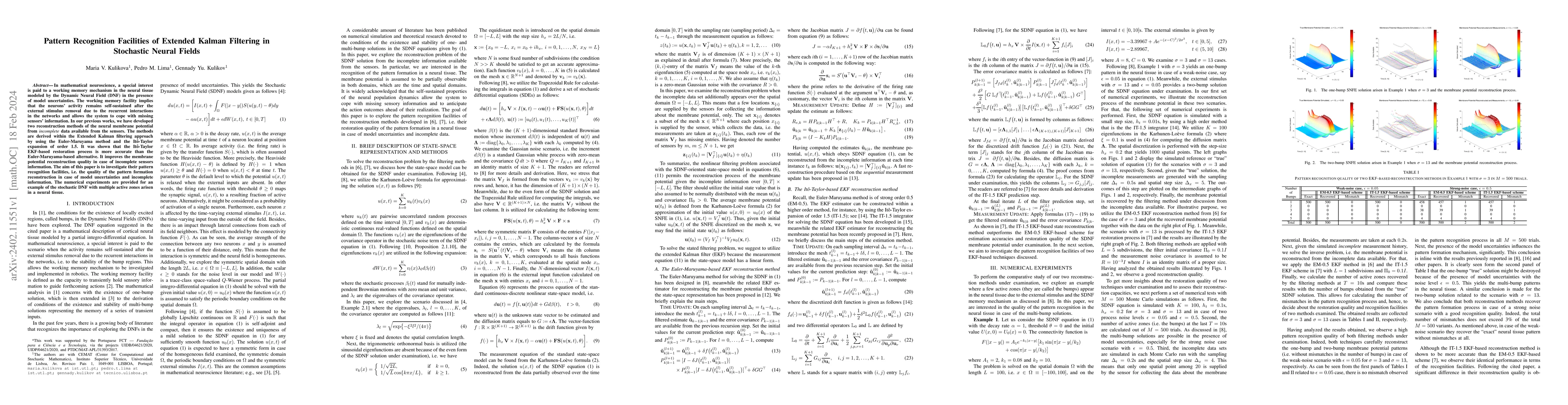 Thumbnail for Pattern Recognition Facilities of Extended Kalman Filtering in
  Stochastic Neural Fields